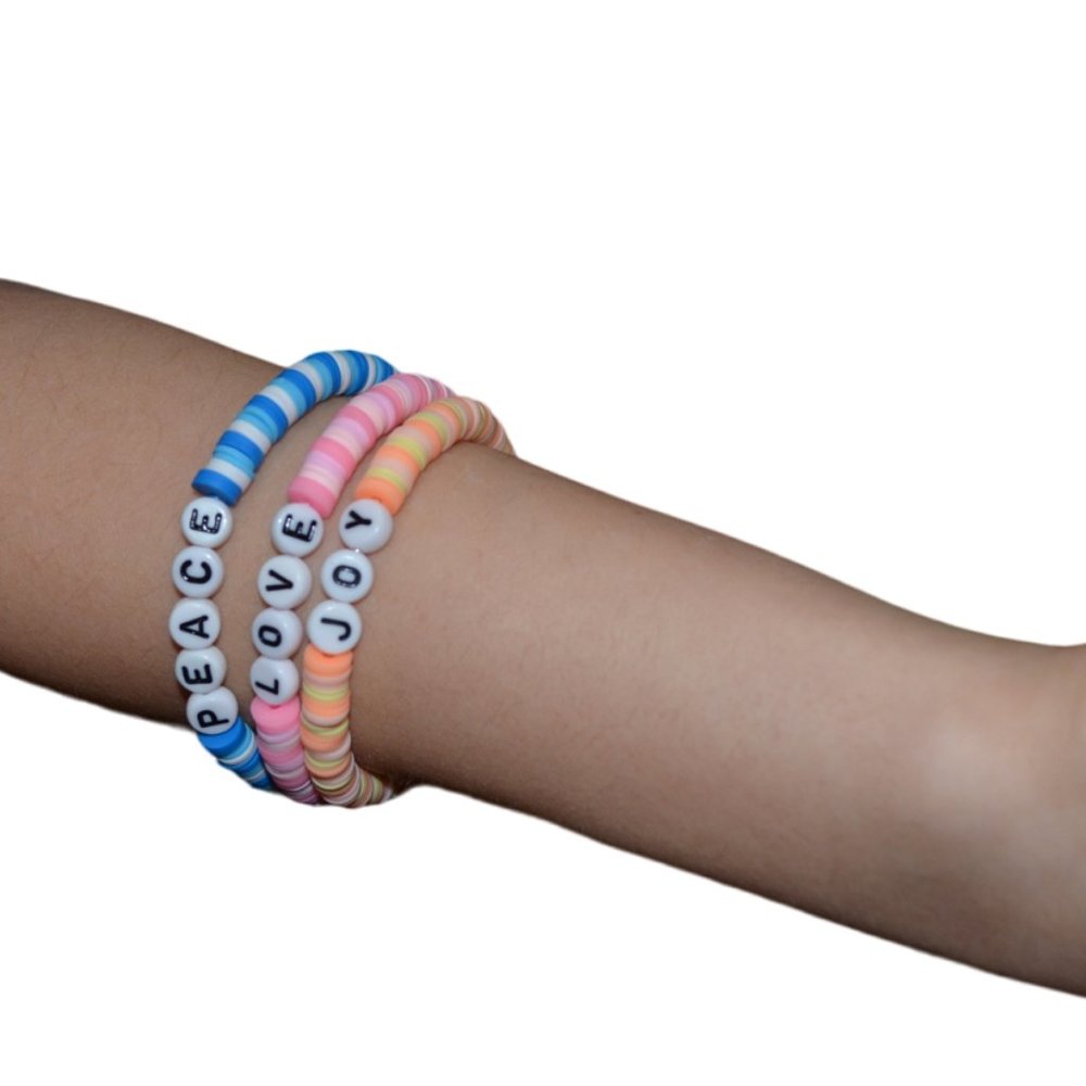 Handmade Set/3 Clay Rubber Beads Elastic Kids Bracelet Blue Pink 3" length/half